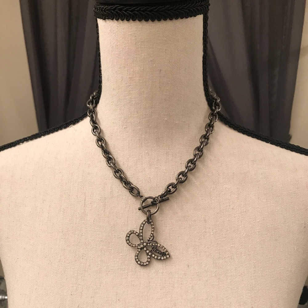 EUC Guess Gunmetal toggle butterfly necklace